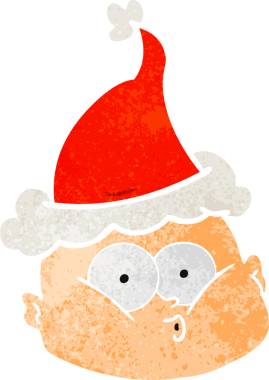 Meraklı, kel, Noel Baba şapkası takan bir adamın insan tarafından çizilmiş el çizimi karikatürü.