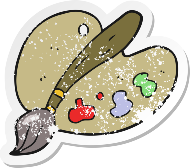 Bir insan tarafından çizilmiş karikatür ressamı paletinin gerilimli retro etiketi