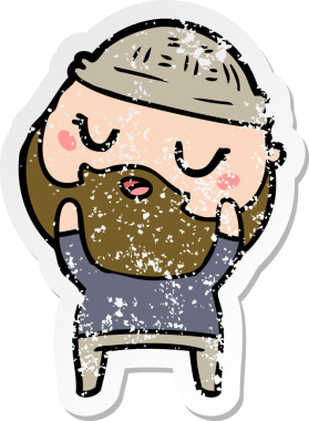 Bir insan tarafından çizilmiş sakallı, sevimli bir çizgi film karakterinin sıkıntılı çıkartması.