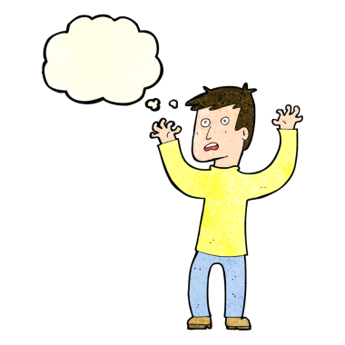Bir insan tarafından çizilmiş düşünce baloncuğuyla dehşete düşmüş bir adam.