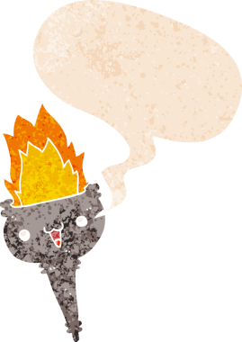 Bir insan tarafından çizilmiş grunge sıkıntılı retro desenli konuşma baloncuklu alevli kadeh.