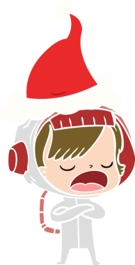 Bir astronot kadının, Noel Baba şapkasını bir insan tarafından çizildiğini açıklayan el çizimi düz renk çizimi.