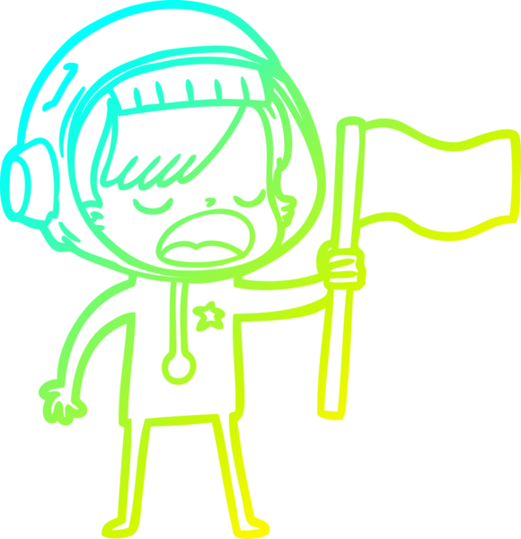 Bir insan tarafından çizilmiş bayrak sallayan astronot bir kadının soğuk çizgi çizimi.