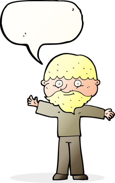 Bir insan tarafından çizilmiş sakallı mutlu bir çizgi film karakteri.