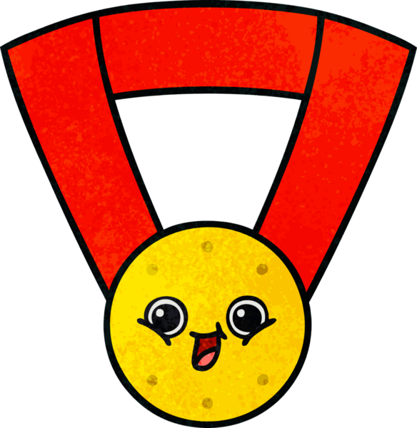 Bir insan tarafından çizilmiş altın madalyanın retro grunge desenli karikatürü