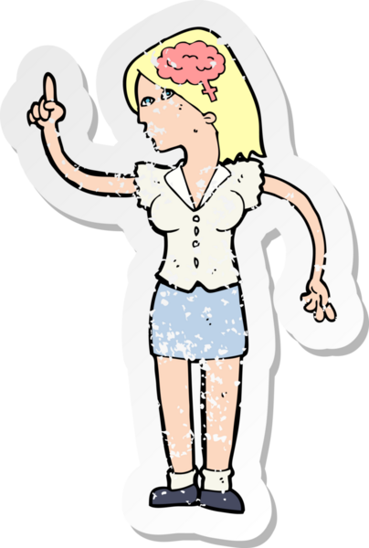 Bir insan tarafından çizilmiş zekice bir fikri olan karikatür bir kadının gerilimli retro yapıştırması.