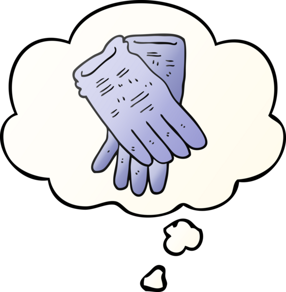 Karikatür bahçe eldivenleri. Düşünce baloncuğu insan tarafından çizilmiş.