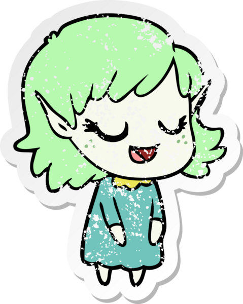 Bir insan tarafından çizilmiş mutlu bir elf kızının sıkıntılı çıkartması.