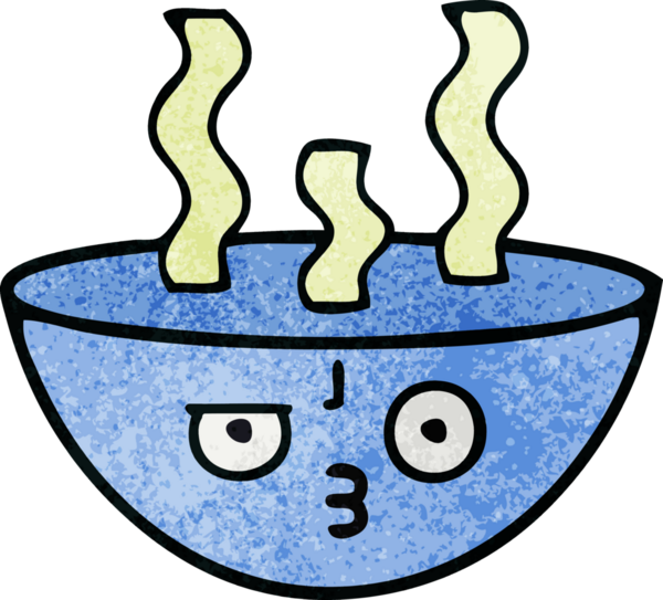 Bir insan tarafından çizilmiş sıcak çorba kasesinin retro grunge desenli karikatürü.