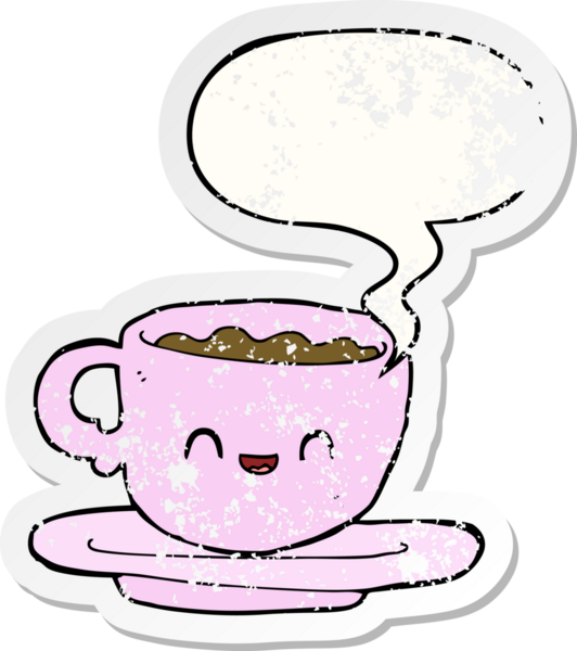 Bir insan tarafından çizilmiş, sıkıntılı, sıkıntılı, eski bir çıkartma olan bir kahve fincanı.