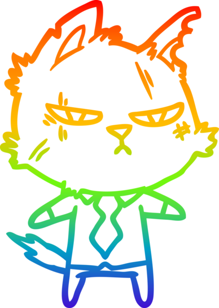 Bir insan tarafından çizilen tişörtlü ve kravatlı sert bir çizgi film kedisinin çizimi