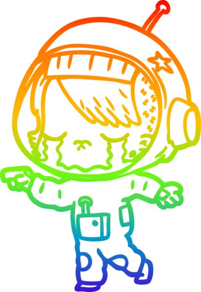 Gökkuşağı gradyan çizgi çizimi bir insan tarafından çizilmiş ağlayan astronot kız