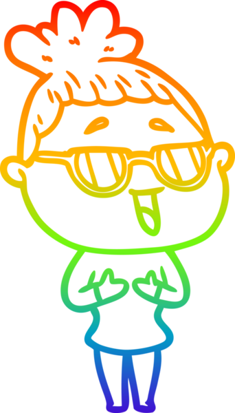 Bir insan tarafından çizilmiş gözlük takan mutlu bir kadının çizgi çizimi.