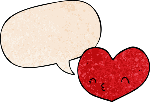 Bir insan tarafından çizilmiş eski dokuda konuşma baloncuğu olan karikatür aşk kalbi.