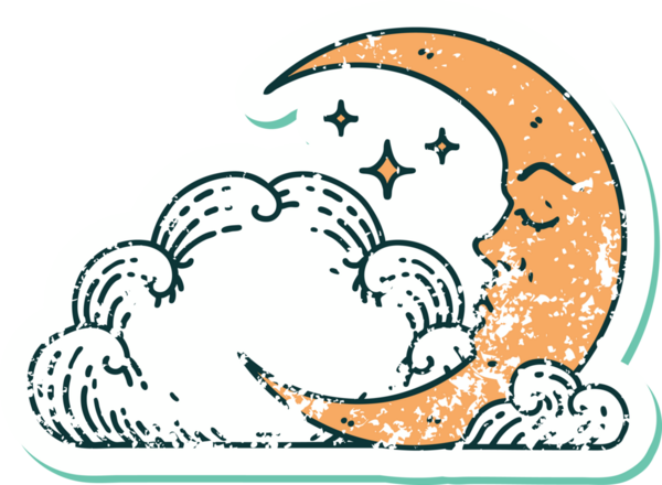 Hilal şeklindeki bir ay ve bir insan tarafından çizilmiş bulutların sembolik dövmesi.