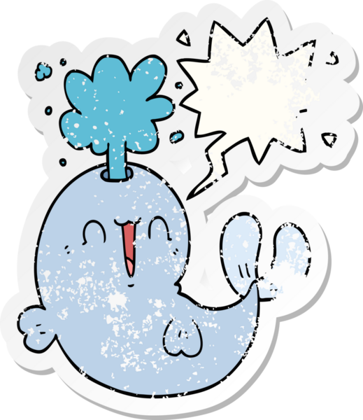 Çizgi film balinası konuşma baloncuğuyla su püskürtüyor. Bir insan tarafından çizilmiş sıkıntılı eski bir çıkartma.