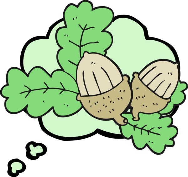 Düşünce baloncuğu meşe palamudu ve yaprakları bir insan tarafından çizildi.