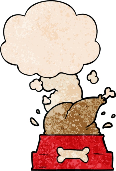 Bir insan tarafından çizilmiş, üzerinde düşünce kabarcığı olan çizgi film köpek kasesi.