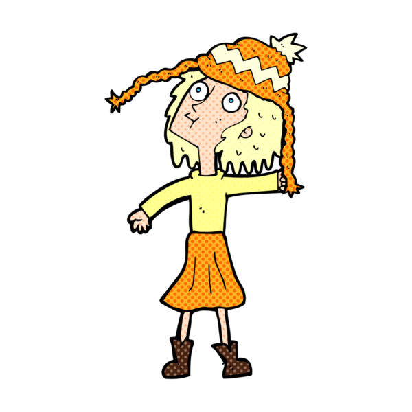 Bir insan tarafından çizilmiş kış şapkası takan karikatür kadın.