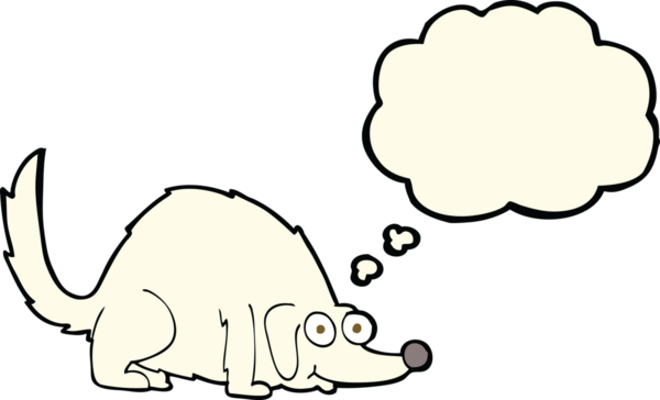 Bir insan tarafından çizilmiş düşünce balonlu mutlu bir köpek.