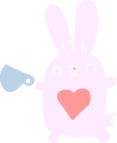 Sevgi dolu bir kalbi ve bir insan tarafından çizilmiş kahve fincanı olan düz renkli çizgi film tavşanı.