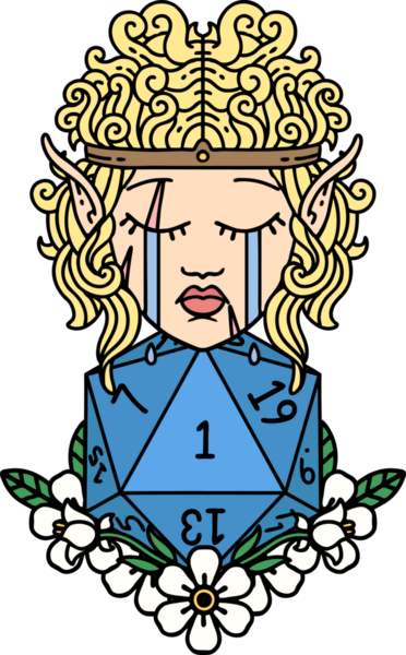 Retro Dövme Tarzı Ağlayan Elf Barbar Karakteri Bir insan tarafından çizilmiş doğal bir D20 rulosu