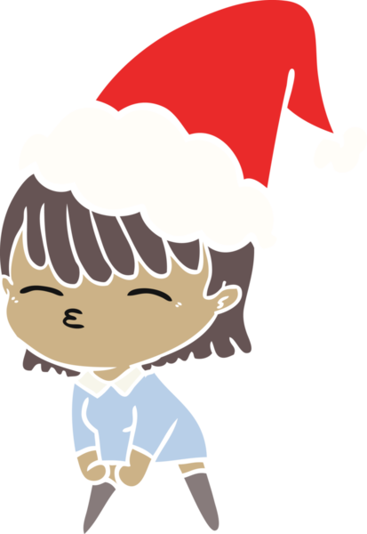 Bir insan tarafından çizilmiş Noel Baba şapkası takan bir kadının düz renkli çizimi.