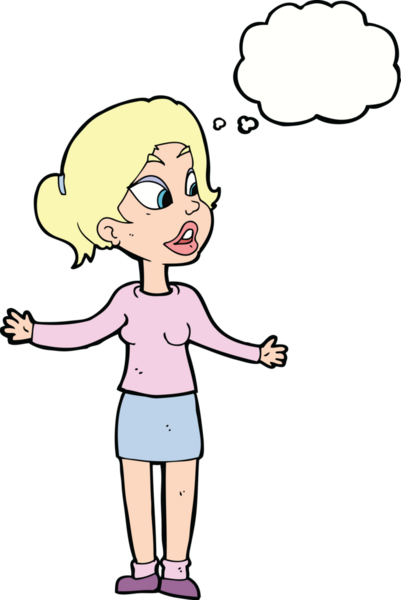 Bir insan tarafından çizilmiş düşünce baloncuğu olan bir şeyi açıklayan güzel bir kadın.