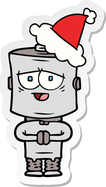 Bir insan tarafından çizilmiş Noel Baba şapkası giyen bir robotun el çizimi karikatürü.