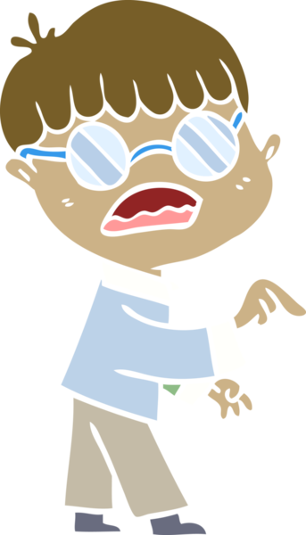 Bir insan tarafından çizilmiş gözlük takan düz renkli çizgi film çocuğu.