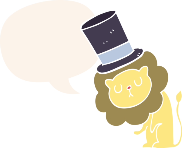 Bir insan tarafından çizilmiş konuşma baloncuklu silindir şapkalı şirin bir aslan.