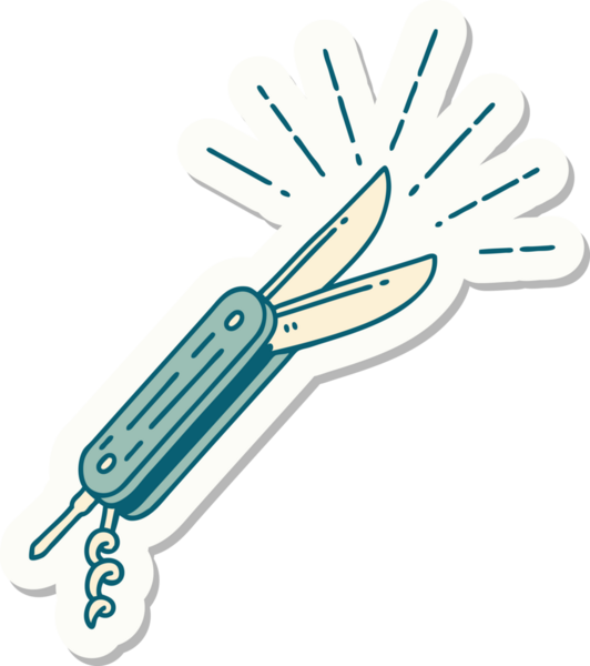 Bir insan tarafından çizilmiş dövme stili katlanır bıçak çıkartması.