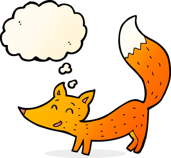 Bir insan tarafından çizilmiş düşünce baloncuklu küçük tilki.