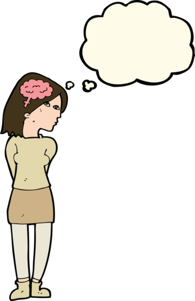 Bir insan tarafından çizilmiş düşünce baloncuğu olan zeki bir kadın.