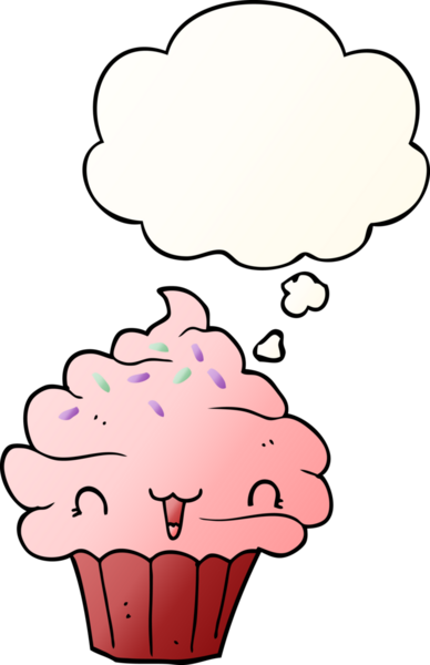 Bir insan tarafından çizilmiş yumuşak eğimli düşünce baloncuklu şirin çizgi film şekerli kek.