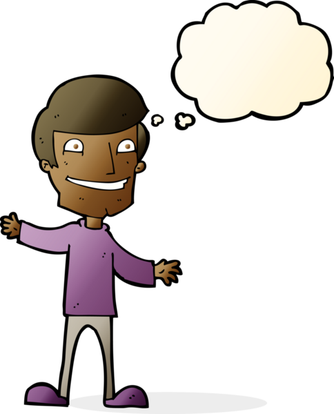 Bir insan tarafından çizilmiş düşünce baloncuğu ile sırıtan çizgi film adamı.