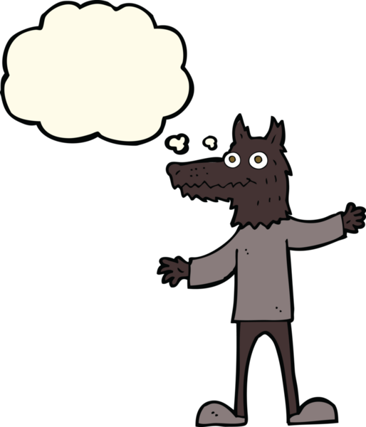 Bir insan tarafından çizilmiş düşünce balonlu bir kurt adam.