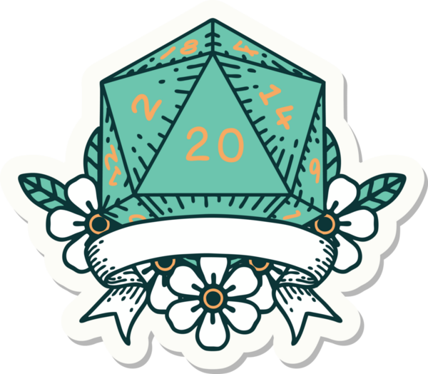 Bir insan tarafından çizilmiş 20 kritik vuruşluk D20 zar etiketi.