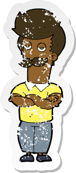 Çizgi film bıyıklı kaslı bir adamın insan tarafından çizilmiş gerilimli çıkartması.