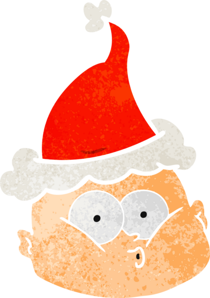 Meraklı, kel, Noel Baba şapkası takan bir adamın insan tarafından çizilmiş el çizimi karikatürü.