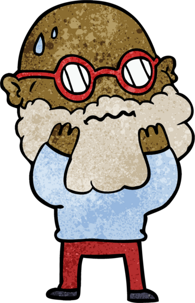 Bir insan tarafından çizilmiş sakallı ve gözlüklü endişeli bir adam.