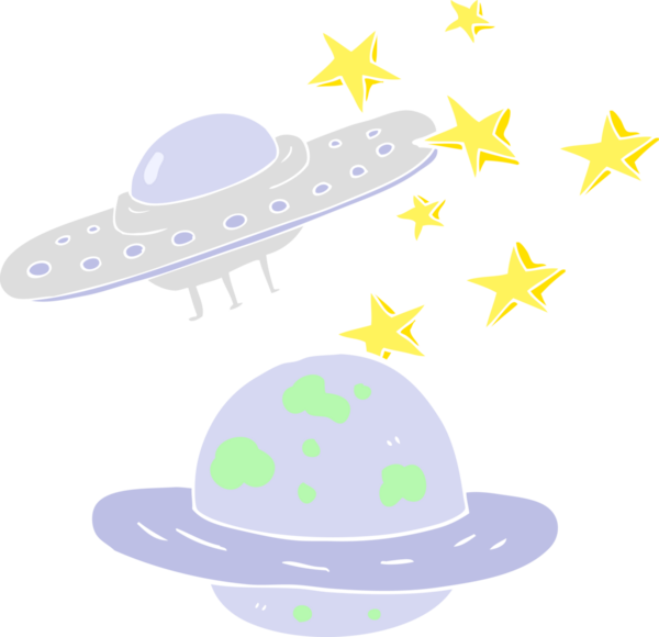 Uçan daire ve bir insan tarafından çizilmiş gezegenin düz renk çizimi