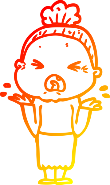 Bir insan tarafından çizilmiş kızgın yaşlı bir kadının sıcak çizgi çizimi.