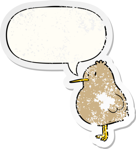 Tatlı çizgi film kivi kuşu konuşma baloncuğu ile sıkıntılı eski bir çıkartma bir insan tarafından çizilmiş