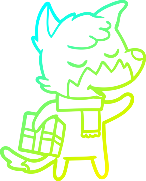 Bir insan tarafından çizilmiş Noel hediyesi olan dost canlısı bir tilkinin çizimi.