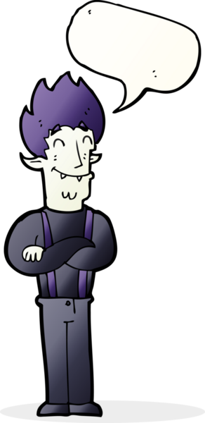 Bir insan tarafından çizilmiş konuşma balonlu mutlu vampir adam çizgi filmi.