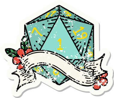 Bir insan tarafından çizilmiş doğal bir d20 zarının grunge çıkartması.