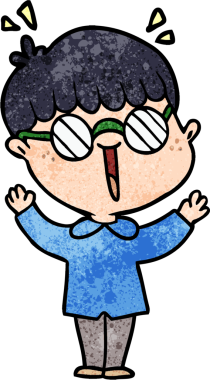 Bir insan tarafından çizilmiş gözlük takan çizgi film çocuğu.