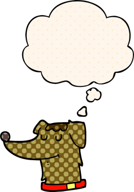 Çizgi roman tarzında bir insan tarafından çizilmiş düşünce balonu olan çizgi film köpeği.