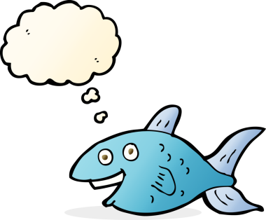Bir insan tarafından çizilmiş düşünce baloncuklu çizgi film balığı.